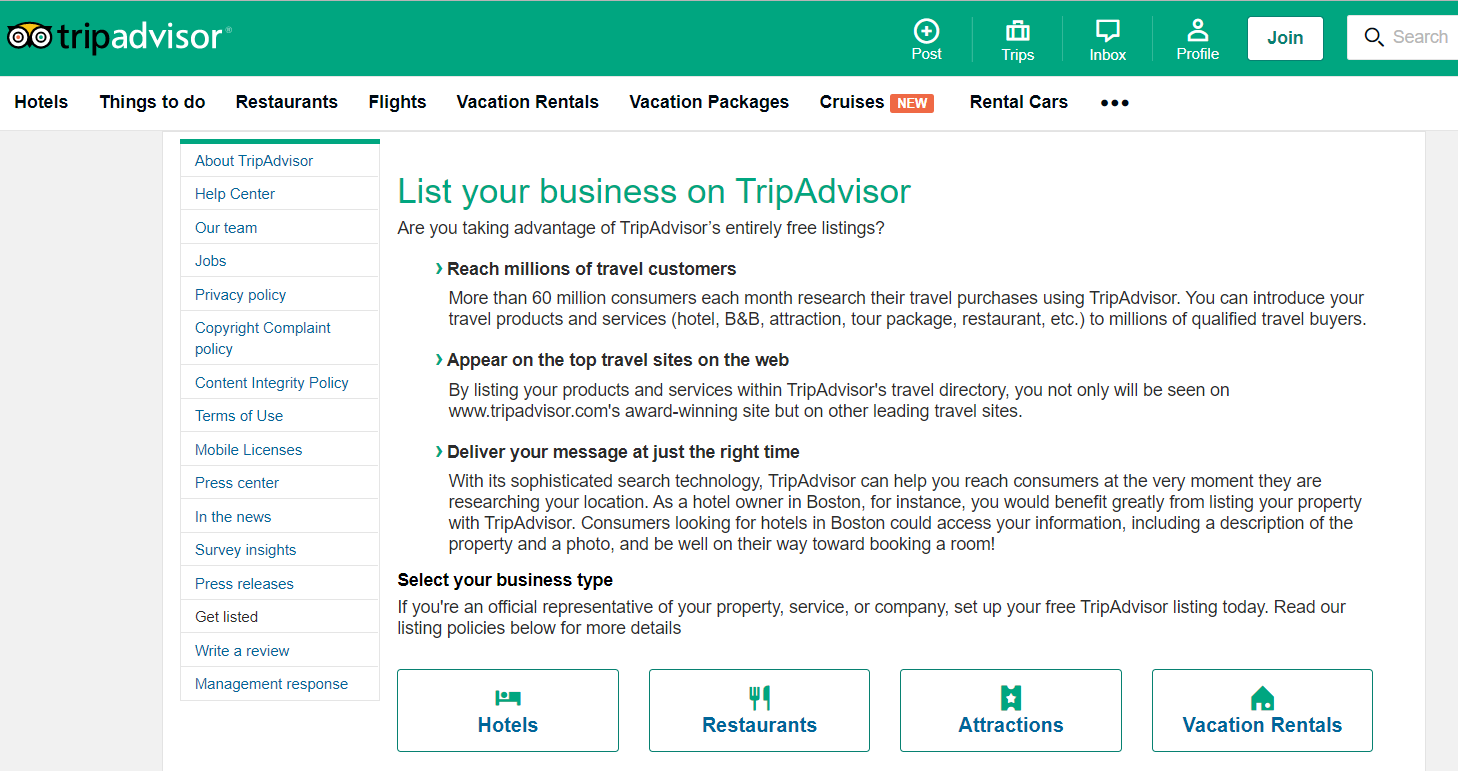 List your business on tripadvisor